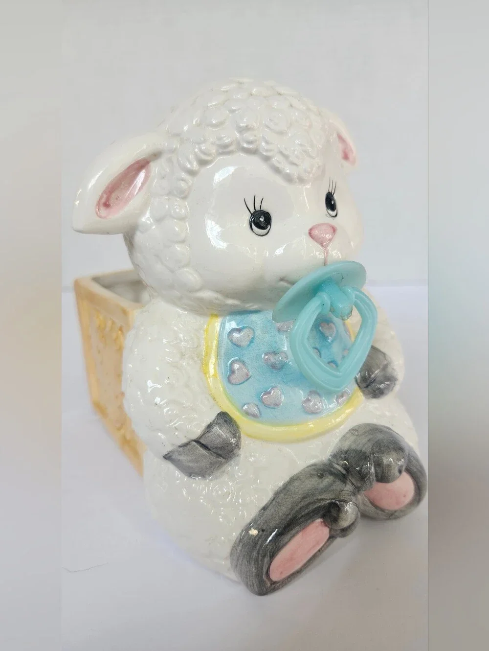 Vintage White Ceramic Lamb Planter with Blue Bib and Pacifier Baby Shower